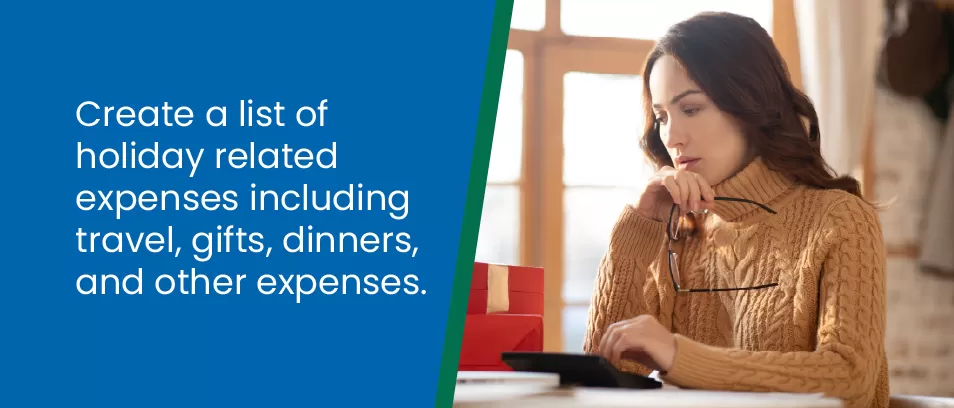 Create a list of holiday related expenses including travel, gifts, dinners, and other expenses - Woman using a calculator with Christmas presents on the desk